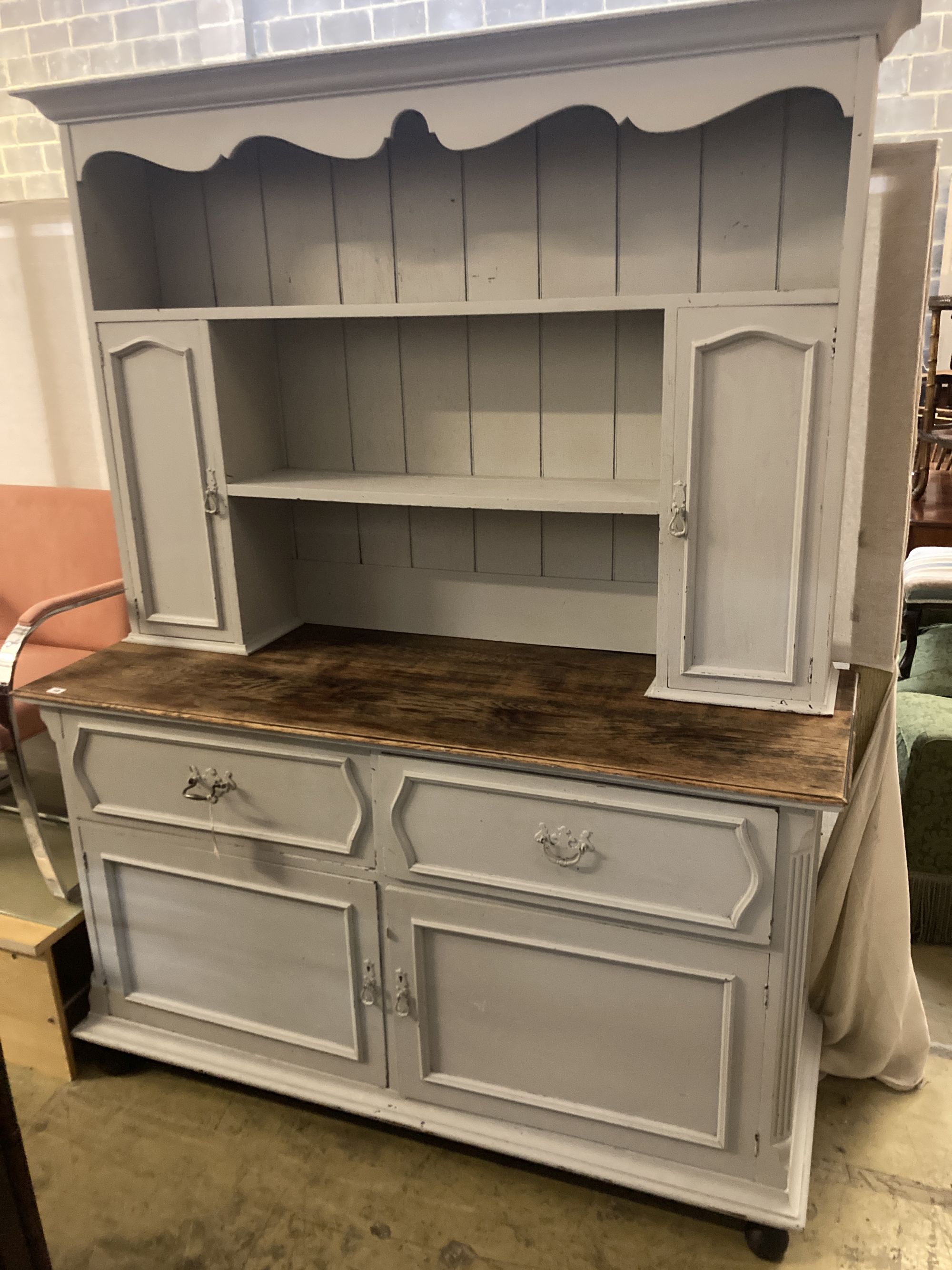 An early 20th century painted oak dresser, width 152cm depth 56cm height 197cm